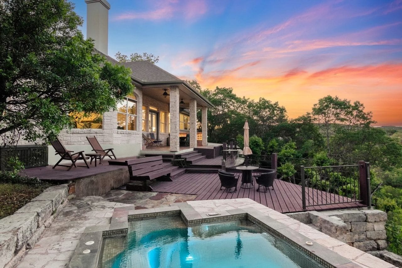 Crystal — hilltop deck at sunset, Austin / Lake Travis