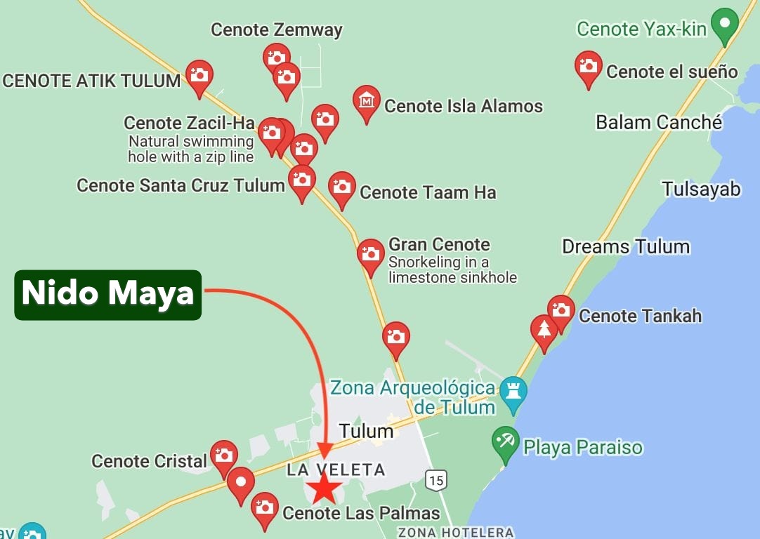 Map of cenotes around La Veleta, Tulum
