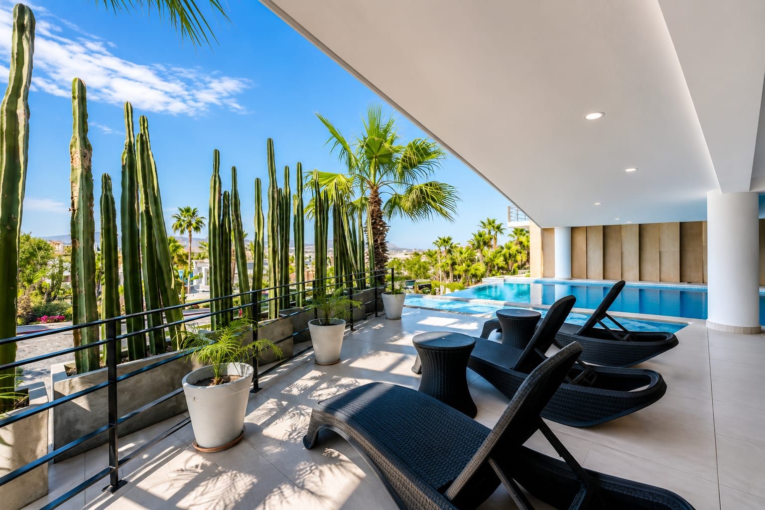 Pool deck loungers at Pedregal Towers