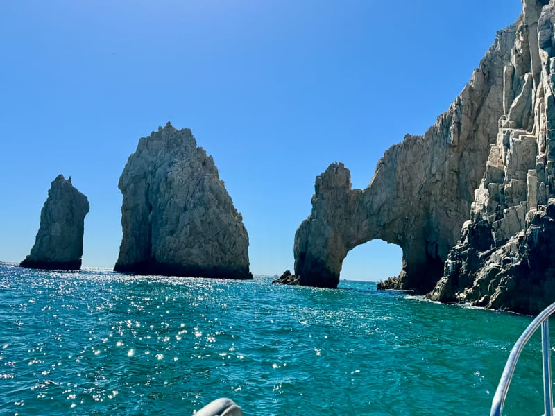 Water taxi to the Arch of Cabo San Lucas — a common morning trip from the marina near our vacation rental Airbnb