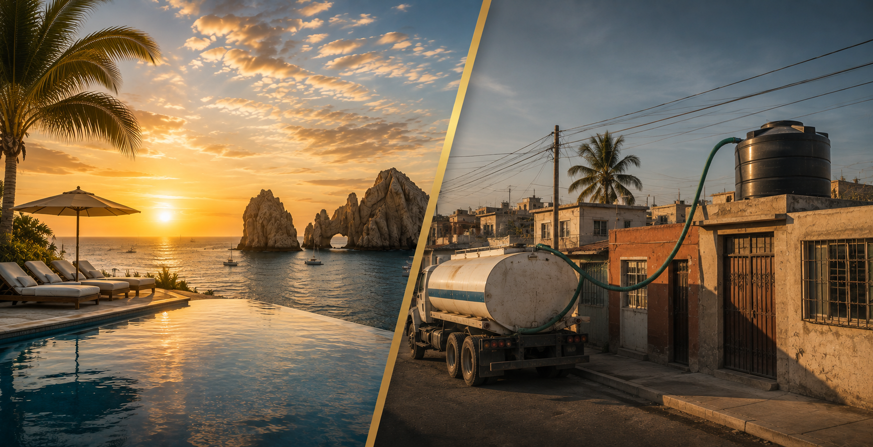 Cabo San Lucas contrast: oceanview infinity pool at sunset beside a water delivery truck filling a rooftop tank in a colonia neighborhood