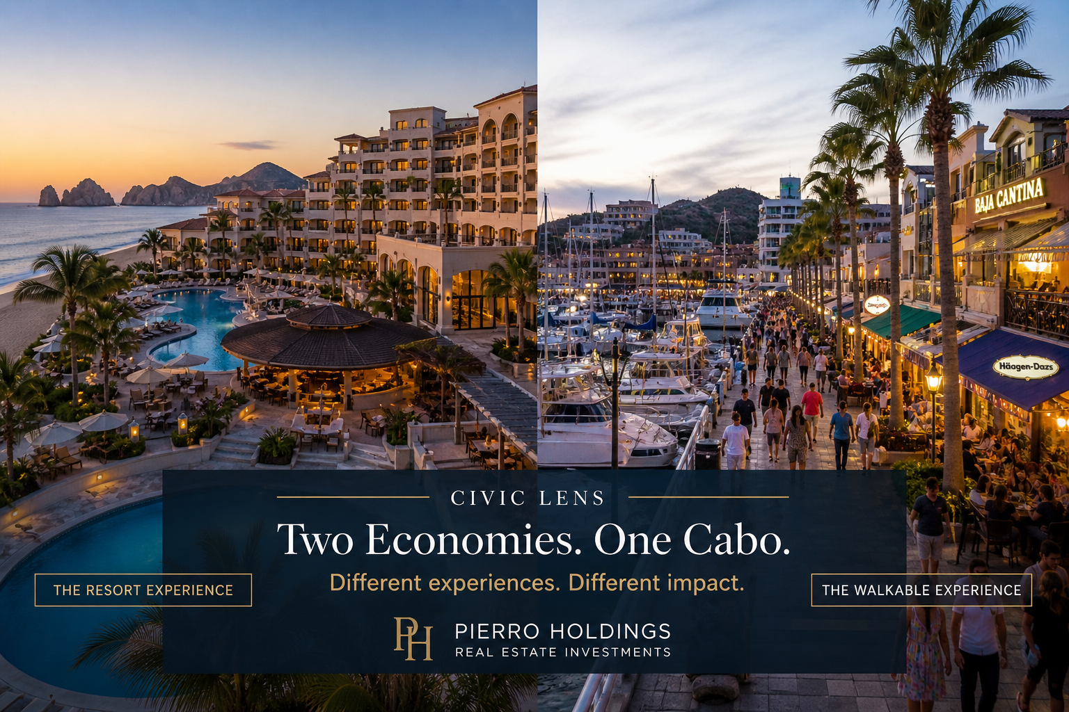 Civic Lens — Two Economies, One Cabo. Side-by-side photos of the resort experience and the walkable marina experience in Cabo San Lucas. Pierro Holdings.